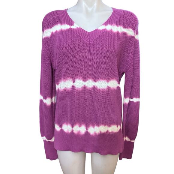 Johnny Was Tie Dye Striped Pullover Sweater Purple White V Neck Cotton Small - Picture 1 of 8